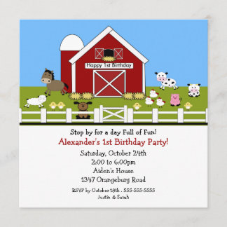 Invitación Animales Barn Diversión Primer Cumpleaños