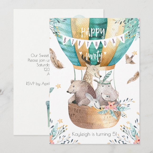 Invitación Animales bebé boho Fiesta de cumpleaños de niña (Anverso / Reverso)