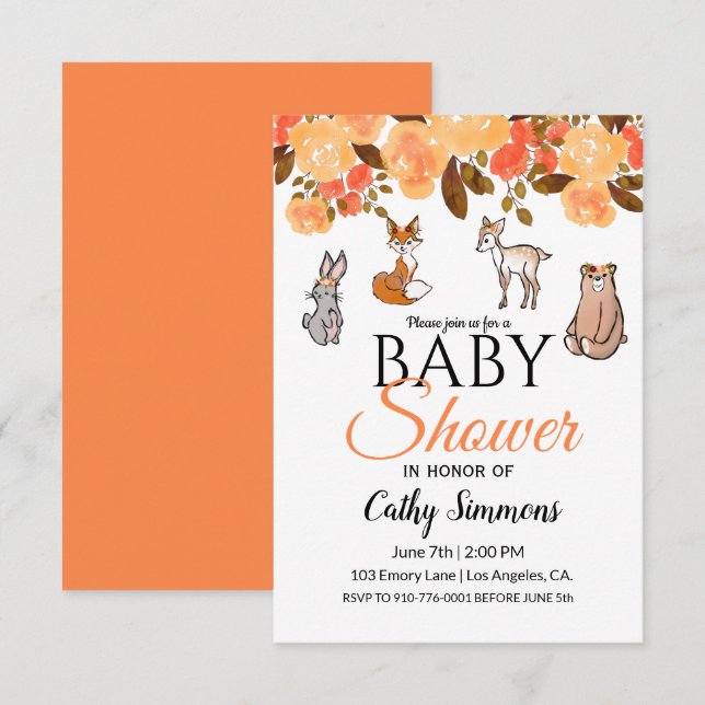 Invitación Animales Bebés del Bosque Adorables | Shower de Be (Anverso / Reverso)