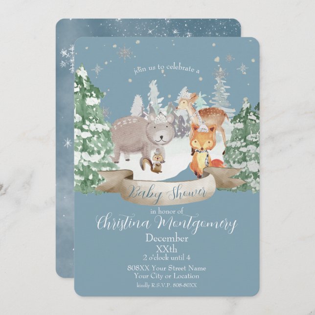 Invitación Animales bebés en un bosque de bosques en azul (Anverso / Reverso)