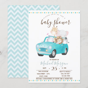 Invitación Animales Bebés Lindos en Coche, Baby Shower Zigzag