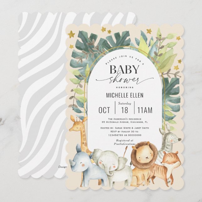 Invitación Animales bebés lindos safari de la selva género ne (Anverso / Reverso)