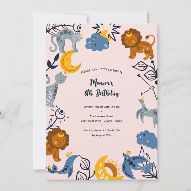 Invitación Animales boho celestiales cumpleaños (Anverso)