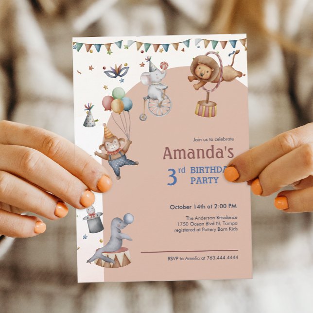 Invitación Animales caprichosos Circus Birthday Party (Whimsical Animals Circus Birthday Party Invitation)