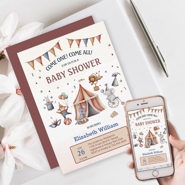 Invitación Animales caprichosos Fiesta de circo Baby Shower (Whimsical Animal Circus Party Baby Shower Invitation)