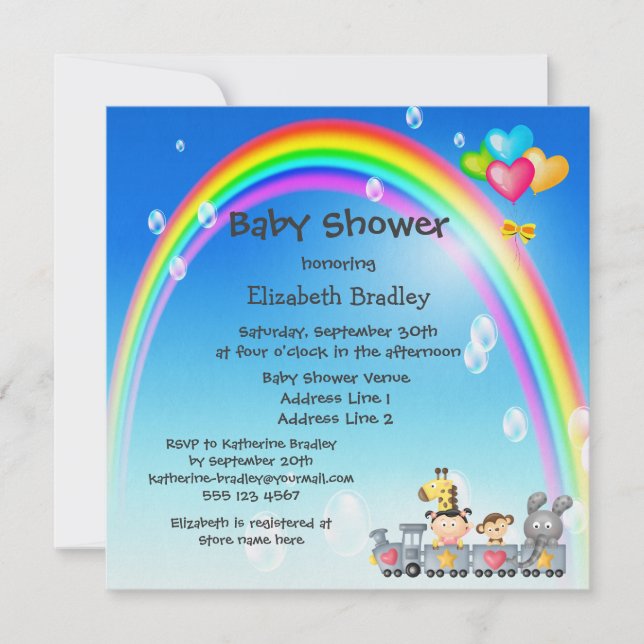 Invitación Animales, Chica, Train & Rainbow Baby Shower (Anverso)