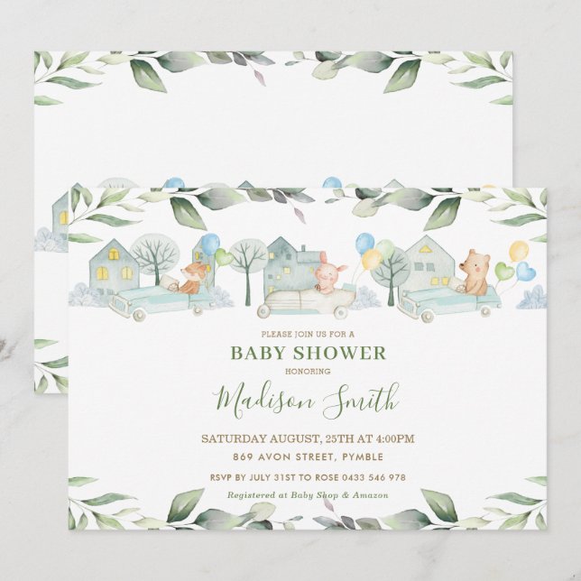 Invitación Animales cortos coches verde niño Baby Shower (Anverso / Reverso)