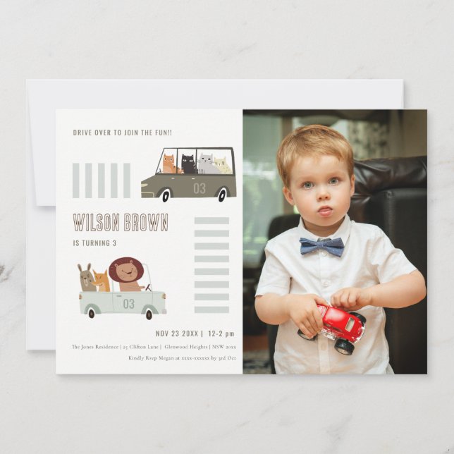 Invitación Animales cortos en los caminos del auto Foto Niños (Anverso)