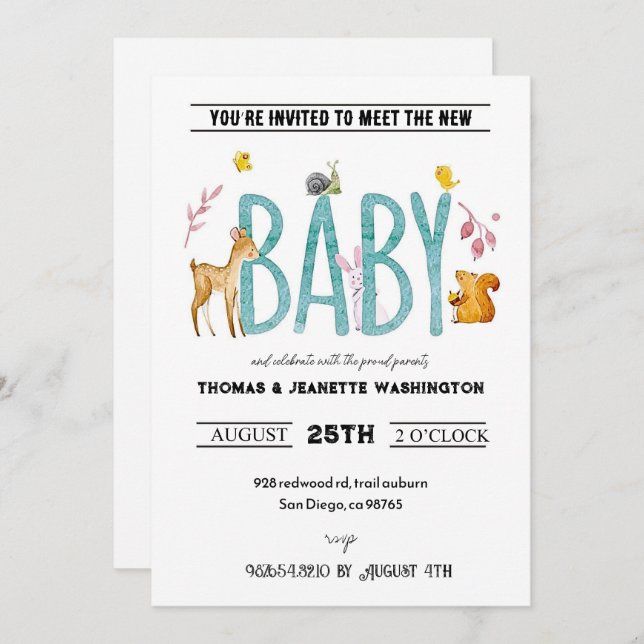 Invitación Animales de acuarela - conoce y saluda mientras to (Anverso / Reverso)