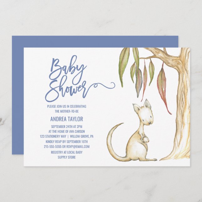 Invitación Animales de Australia | Kangaroo y Joey Baby Showe (Anverso / Reverso)