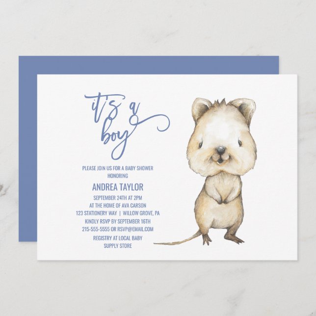 Invitación Animales de Australia | Quokka es un chico Baby Sh (Anverso / Reverso)