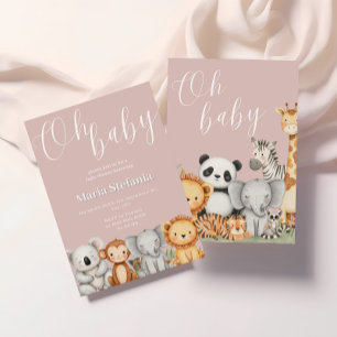 Invitación Animales de Baby Shower de Safari rosado tropical