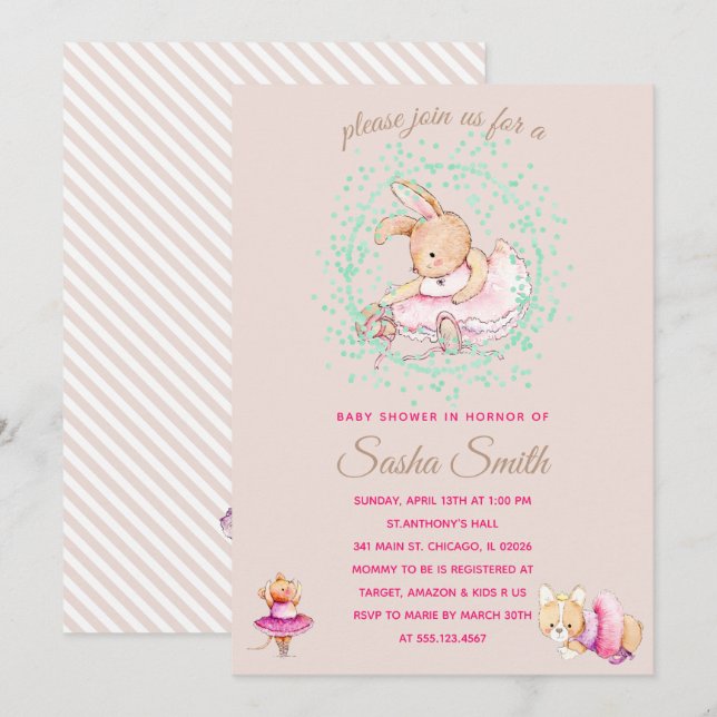 Invitación Animales de ballet Fiesta de Baby Shower (Anverso / Reverso)