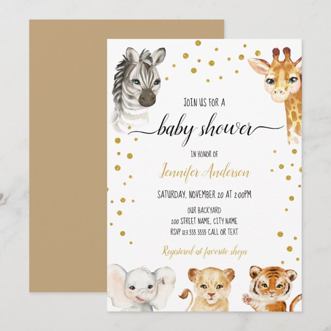 Invitación Animales de bebe de la selva Safari de Baby Shower (Anverso / Reverso)