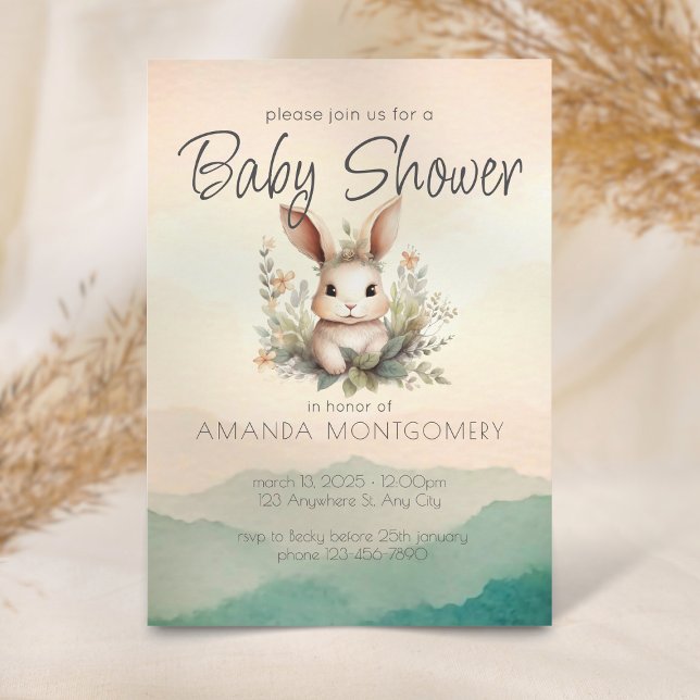 Invitación Animales de Boho lindos Baby Shower botánico conej (Cute woodland animal rabbit with botanic watercolor flowers. sunset fade in peach and greens.)