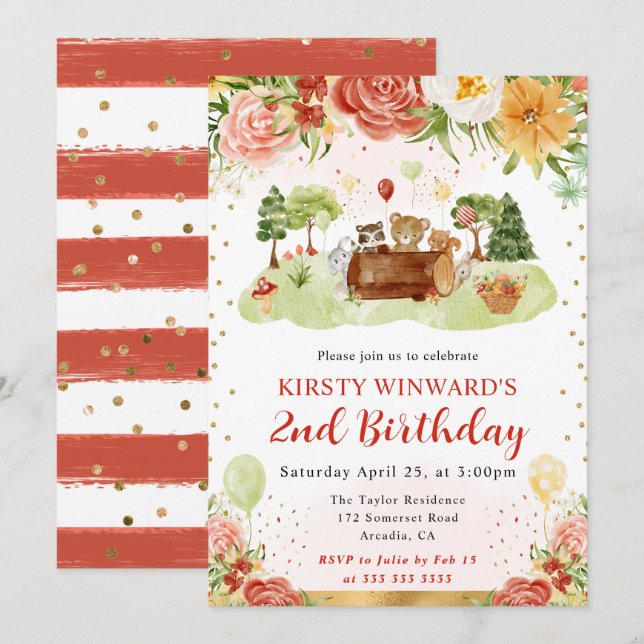 Invitación Animales de Bosque Acuarela Cumpleaños Infantil (Anverso / Reverso)