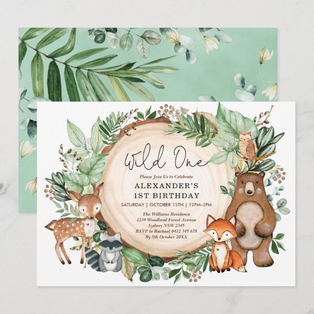 Invitación Animales de bosque botánico lindo un cumpleaños (Anverso / Reverso)