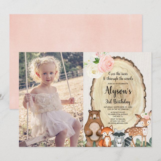 Invitación Animales de bosque chica floral rústica foto de cu (Anverso / Reverso)