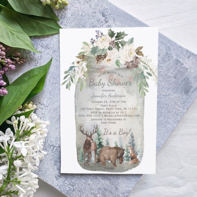Invitación Animales de bosque forestal Mason Jar Baby Shower (Subido por el creador)