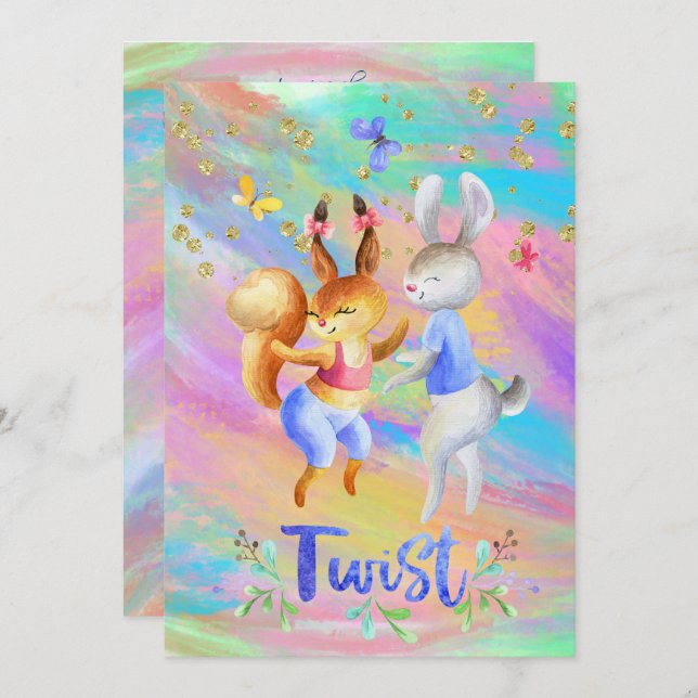 Invitación Animales de bosque lindos y femeninos bailando sal (Anverso / Reverso)