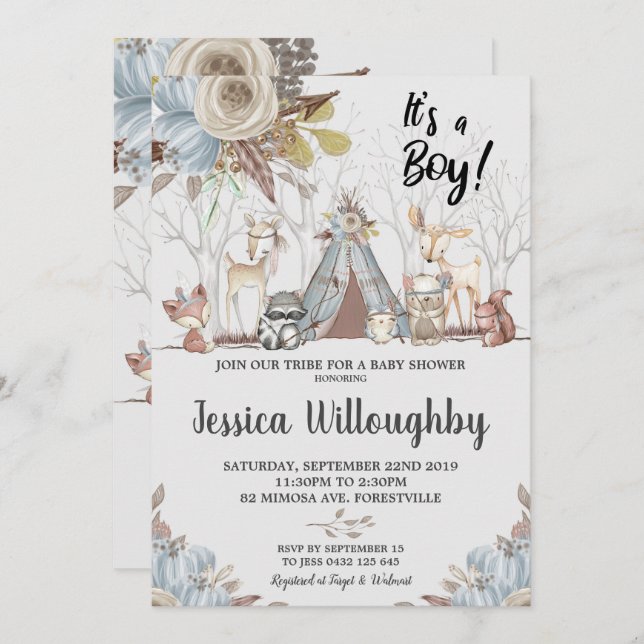 Invitación Animales de bosque tribal Baby Shower Baby Boy (Anverso / Reverso)