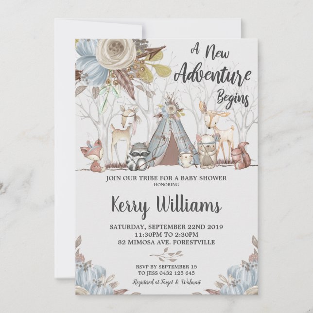 Invitación Animales de bosque tribal Baby Shower Baby Boy (Anverso)