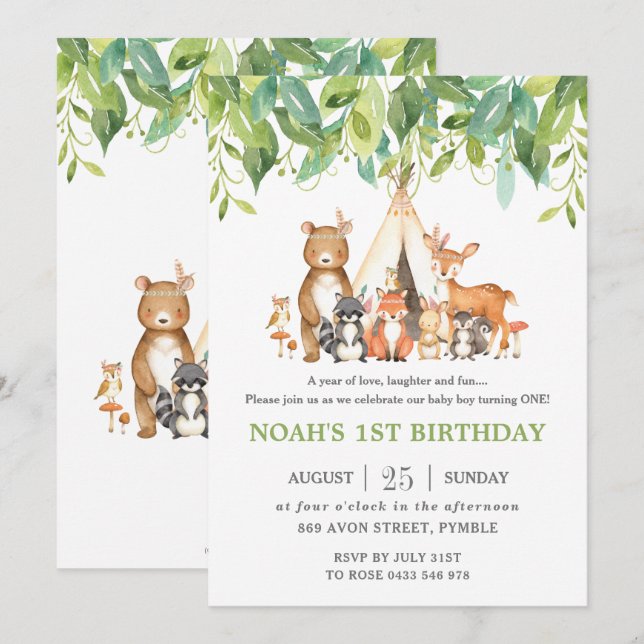 Invitación Animales de bosque tribal de primer cumpleaños veg (Anverso / Reverso)