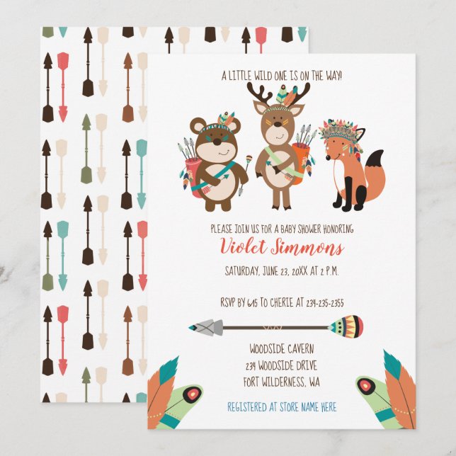 Invitación Animales de bosque tribal Invitados en Baby Shower (Anverso / Reverso)