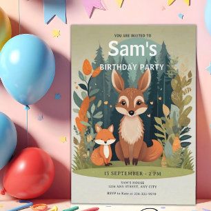 Invitación Animales de bosque verde zorro cumpleaños de cualq