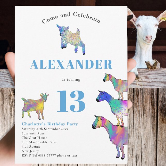 Invitación Animales de cabra tema 13 fiesta de cumpleaños (Farm animal goat themed 13th birthday party invitation colorful animal art watercolor )