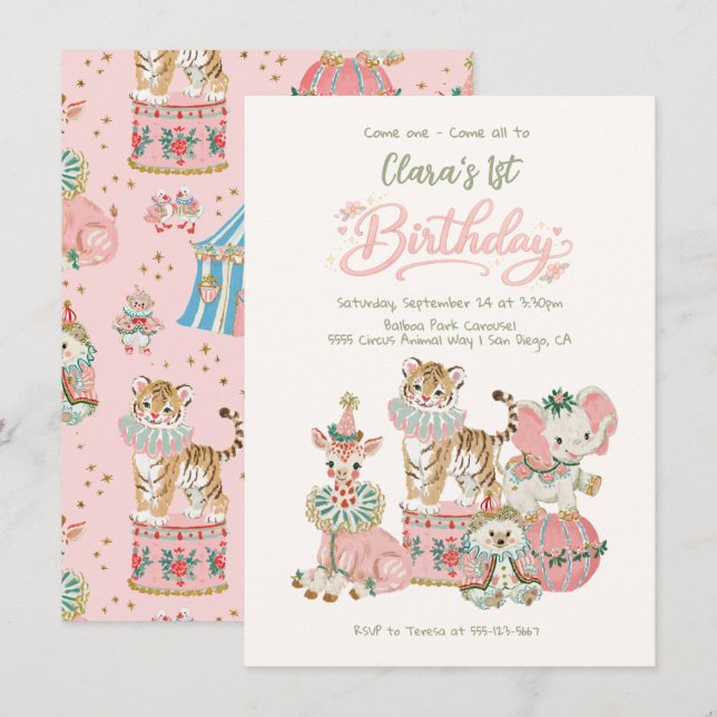 Invitación Animales de Circo Bebé Fiesta de Cumpleaños (Anverso / Reverso)