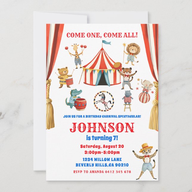 Invitación Animales de circo Cumpleaños de niños (Anverso)