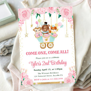 Invitación Animales de Circo de Cumpleaños en Acuarela Rosa