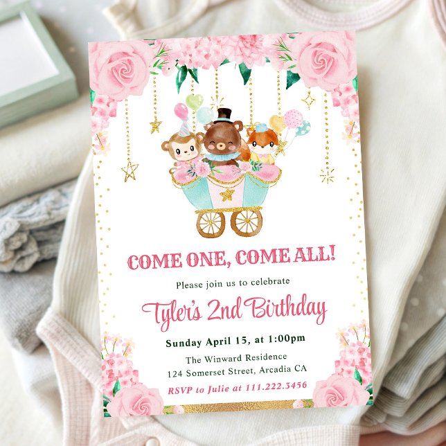 Invitación Animales de Circo de Cumpleaños en Acuarela Rosa (Subido por el creador)