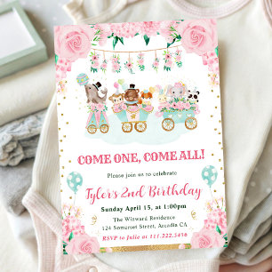Invitación Animales de circo de cumpleaños en acuarela rosa