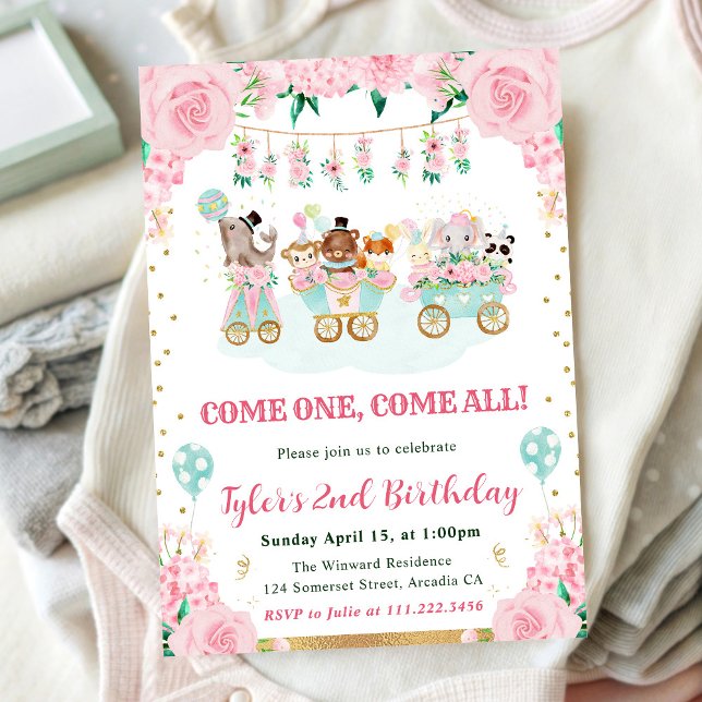 Invitación Animales de circo de cumpleaños en acuarela rosa (Subido por el creador)