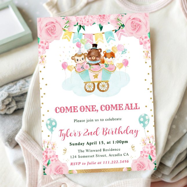 Invitación Animales de circo de cumpleaños en acuarela rosa (Subido por el creador)