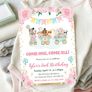 Invitación Animales de circo de cumpleaños en acuarela rosa