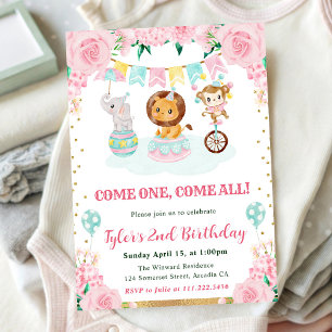 Invitación Animales de circo de cumpleaños en acuarela rosa