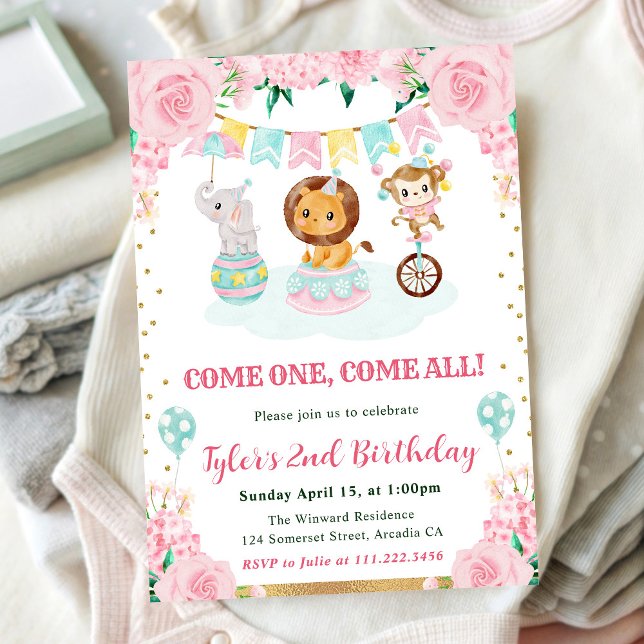 Invitación Animales de circo de cumpleaños en acuarela rosa (Subido por el creador)