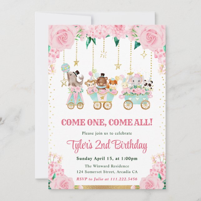 Invitación Animales de circo de cumpleaños en acuarela rosa (Anverso)