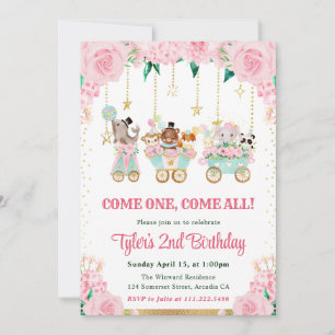 Invitación Animales de circo de cumpleaños en acuarela rosa