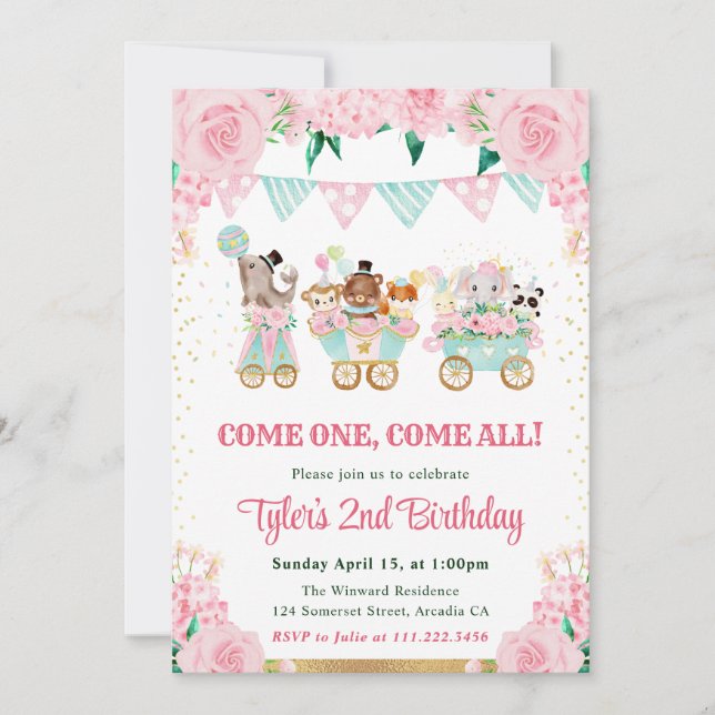 Invitación Animales de circo de cumpleaños en rosa acuarela (Anverso)