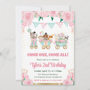 Invitación Animales de circo de cumpleaños en rosa acuarela