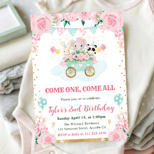 Invitación Animales de circo de cumpleaños en rosa acuarela