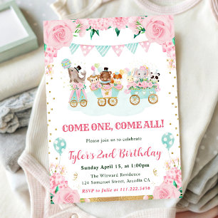 Invitación Animales de circo de cumpleaños en rosa acuarela