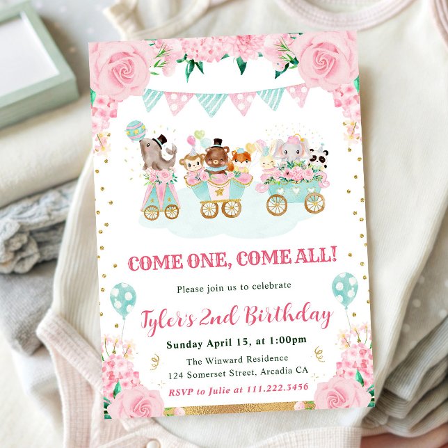 Invitación Animales de circo de cumpleaños en rosa acuarela (Subido por el creador)