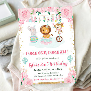 Invitación Animales de circo de cumpleaños en rosa acuarela
