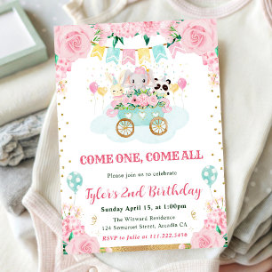 Invitación Animales de circo de cumpleaños en rosa acuarela