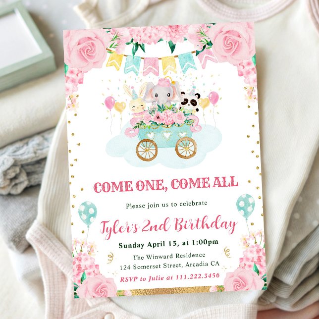 Invitación Animales de circo de cumpleaños en rosa acuarela (Subido por el creador)
